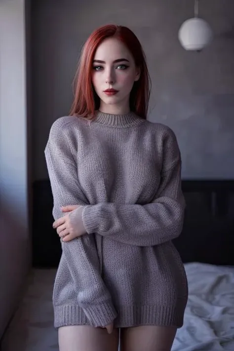 Luxury product style masterpiece,best quality,absurdres,high details,8K,photorealistic,at distance,cowboy shot,posing,flirting,(playful gaze, smirking:1.1),1girl,<lora:MollyRedWolf:0.7>,mollyredwolf,pale skin,blue eyes,makeup,long hair,red hair,royal hotel,delux rooms,complex background,<lora:Oversized Sweater by Stable Yogi:1>,red sweater,oversized sweater, . Elegant, sophisticated, high-end, luxurious, professional, highly detailed, intricate, elegant, highly detailed, symmetry, magical atmosphere, sharp focus, majestic, very coherent, radiant, advanced, cinematic, artistic, fine detail, winning, beautiful, stunning, dramatic light, designed, rich deep colors, perfect professional background, ambient, tailored set composition