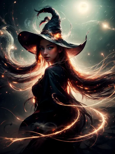 best quality, masterpiece, jp-dscute1-4750 1girl, portrait, looking away, solo, from front, front view, (full body:0.6), detailed background, (<lora:ExplosionMagic:0.6>, excessive energy, smoke, explosionmagic theme:1.1), witch hat, witch, (glowing eyes:1.1), hair flowing in the wind, green trimmed light colored clothes, casting spell, clouded background, whirlwind of glowing streams in the air, ethereal glow, updraft, moonlight, rain, wet, drenched, cinematic atmosphere, <lora:detail_slider_v4:2