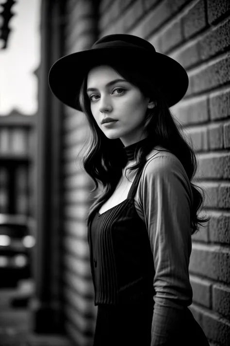 (best quality, masterpiece)1.3, hdr, 8k,
BREAK
Young Austrian woman in a monochrome 1920s film still, dressed in a fitted suit and hat, gazes intently at the camera with smoky eyes and full lips. The gangster background shows dimly lit alleyways and brick walls, with the sound of footsteps and distant gunshots echoing in the air. <lora:lcm_sd15:0.0> <lora:add_detail:0.75> <lora:breastsizeslideroffset:-0.5> <lora:improve_backgrounds:0.75>