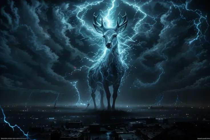 ethereal fantasy concept art of masterpiece,best quality,absurdres,high details,8K,photorealistic,giant deer into sky over city,<lora:Concept_-_LightningPunk_v1:0.5>,dianhuun,glowing,lightning,electricity,glowing eyes,lightning antlers,<lora:Concept_-_Hella-sthetic_v2:0.5>,storm cloud, , intricate, elegant, highly detailed, symmetry, magical atmosphere, sharp focus, majestic, very coherent, radiant, advanced, cinematic, artistic, fine detail, winning, beautiful, stunning, dramatic light, designed, rich deep colors, perfect professional background, ambient, tailored set composition . magnificent, celestial, ethereal, painterly, epic, majestic, magical, fantasy art, cover art, dreamy