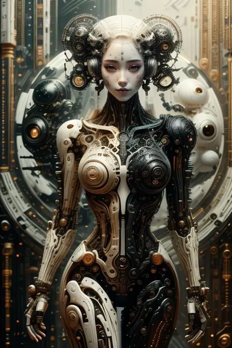 cybernetic style biomechanical style masterpiece,best quality,absurdres,high details,8K,photorealistic,at distance,posing,flirting,(playful gaze,smirking,radiant smile),1girl,chinese clothes,yin yang,chinese goddess,<lora:PianoStyle:0.7>,pianostyle,P14n03l3g4nt3b0n3,(pale skin:1.5),lot of jewelry,makeup,lips,eyeshadow,<lora:yinyang-style-darquelilly-v1:0.7>,yinyangstyle,<lora:Concept_-_Hella-sthetic_v2:0.7>,(full-lenght shot:1.5),, intricate, elegant, highly detailed, symmetry, magical atmosphere, sharp focus, majestic, very coherent, radiant, advanced, cinematic, artistic, fine detail, winning, beautiful, stunning, dramatic light, designed, rich deep colors, perfect professional background, ambient, tailored set composition . blend of organic and mechanical elements, futuristic, cybernetic, detailed, intricate . futuristic, technological, cybernetic enhancements, robotics, artificial intelligence themes