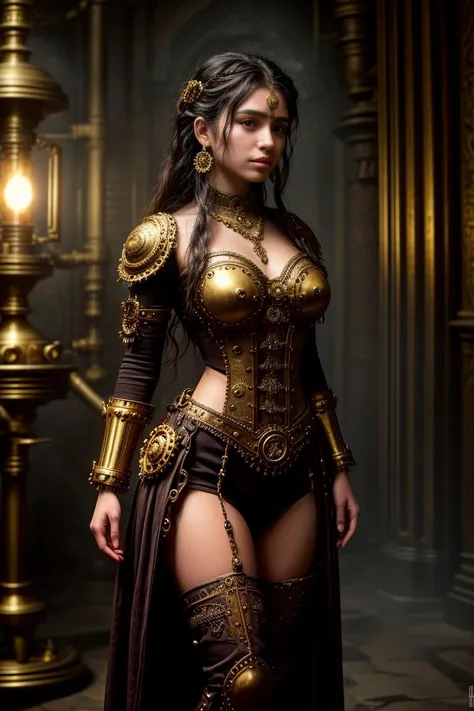ASCII(best quality, masterpiece)1.3, hdr, 8k, BREAK Young Salvadorean woman adorned in intricate Dwemer-inspired clockwork jewelry, with brass gears and cogs woven into her hair and clothing. She stands proudly next to a miniaturized Dwemer machine, its intricate details and steam vents adding to the steampunk aesthetic. <lora:lcm_sd15:0.0> <lora:add_detail:0.75> <lora:lit:0.05> <lora:breastsizeslideroffset:-0.15> <lora:improve_backgrounds:0.5>