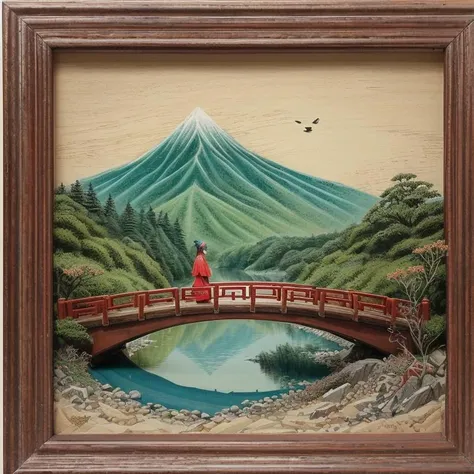 diorama, abstraction vintage chinese folk art, solo, a cute little girl, kimono, green hair, elf ears, old tree, river, wooden bridge, mountain, meditation, birds, 2d, muted colors, thick hatching, paper texture