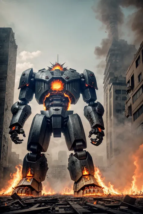 (raw photo, morbid horror:1.2), giant cyborg, angry, fullmetal, robotic, mechanical parts, burning city background, intricate details
