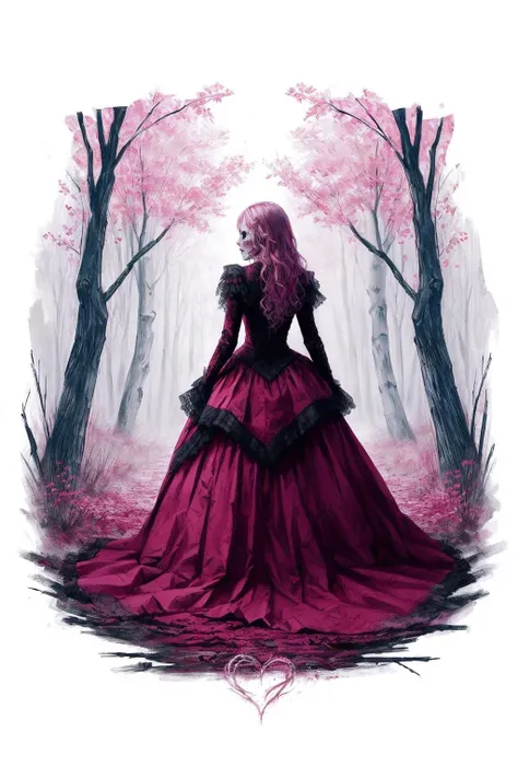(masterpiece drawning, high quality, horror:1.3), (solo:1.1), a digital arf of a undead girl, (pink, heart, love:1.1), wounds, (deathcore:1.2), mistery pink forest, Extreme detail, morbid, paper texture, 2d