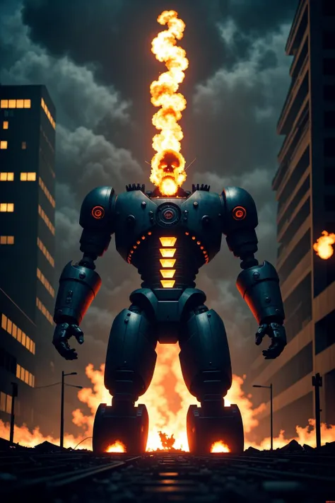 (raw photo, morbid horror:1.2), giant cyborg, angry, fullmetal, robotic, mechanical parts, burning city background, intricate details