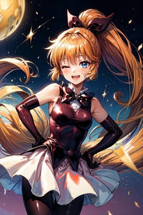 masterpiece,best quality,1girl,Haneoka Meimi,long hair,ponytail,bow,ribbon,blue eyes,orange hair,hair ribbon,very long hair,brown hair,gloves,elbow gloves,skirt,magical girl,black gloves,pantyhose,bowtie,medium breasts,smile,one eye closed,hands on hips,dutch angle,colorful,multicolored background,<lora:Concept-control tool-add_detail-CyberAIchemist:0.8>,<lora:LoRA_Haneoka:1>,
