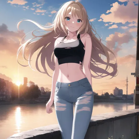 (masterpiece, best quality), 1girl, solo, ipfran, idol, crop_top, torn_jeans, <lora:fran-000010:0.75>, smile, blush, long_hair, floating_hair, wind, rooftop, sunset