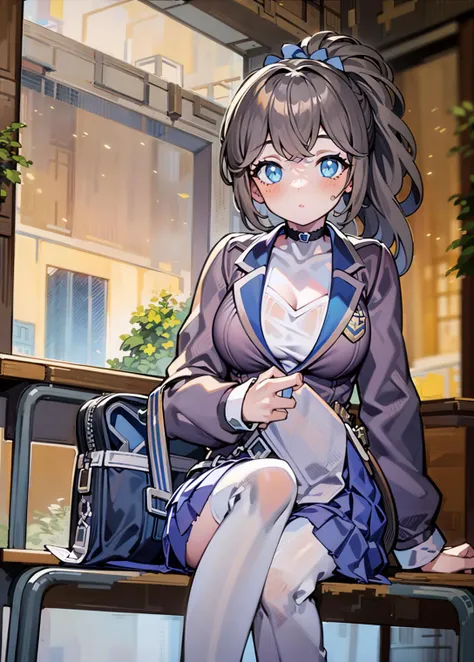 (masterpiece), (best quality), 1 girl,ponytail,(school suit:1.3),solo,looking at viewer,<lora:thickline_fp16:1>, <lora:Mu-000008:0.9:RW>