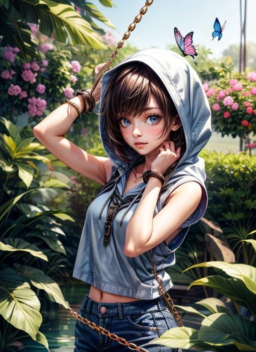 <lora:add_detail:1.5>, girl, sleeveless hoodie, place full of gardens suspended by ropes and chains and butterflies with little details in everything