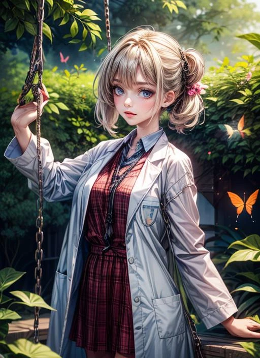 <lora:add_detail:1.5>, girl, lab coat, place full of gardens suspended by ropes and chains and butterflies with little details in everything