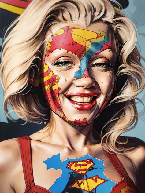 painting, smiling marilyn monroe, waist up, <lora:SChevrier-02:1> superman comic