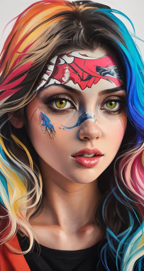 Painting of woman face, solo, rainbow hair, light green eyes, actress, 
([Kate Upton|Eva Longoria|Phoebe Cates]:0.85), middle shot, ( [owler style|samdoesart style]:0.9), 
rendered in maya, [tiny breast]
masterpiece, professional, high quality, beautiful, amazing, renaissance, Flickr, shorts under skirt, absurdly long hair, 
masterpiece, highres,  4k, detailed background, glib, (fruit-flavored:0.8), by Hannah Hch, by Alberto Giacometti, <lora:SChevrier:0.7>