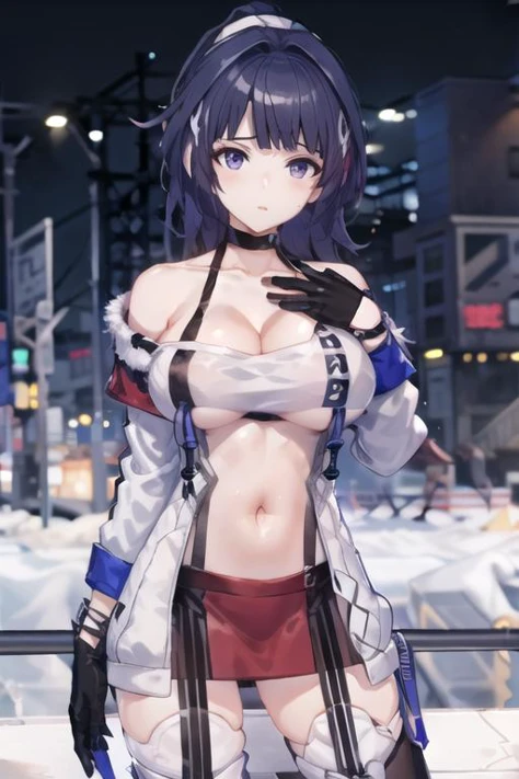 christmas,masterpiece, best quality, best illumination,absurdres,1 girl,solo,kneeling,facing viewer, looking at viewer,ponytail, medium hair, <lora:erosantav1:0.8:lbw=clothe>
<lora:pxqiangxi-v100-000029:0.8:lbw=ALL>,pxqx, raiden mei, purple eyes, bangs, breasts,bust chart,
stomach, thighhighs, red fur-trimmed capelet, suspenders, christmas, red skirt, red fur-trimmed gloves, large breasts, cleavage,((breast cutout)), ((red capelet)),breastless clothes, ((sleeveless)),, masterpiece, best quality,