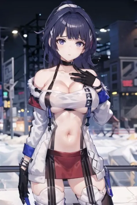1girl,Negev,one side up,hair ribbon,,hexagram,Starclips,,huge breasts, blush, lipstick, long hair, crazy eyes ,outdoors, rooftop, cityscape, building, railing, night, night sky, scenery, city lights, fur trim, mature female, gloves, fur-trimmed coat ,masterpiece, best quality, highly detailed, a girls with a gun, evil smile , open mouth, sexy gaze, badass pose , evil smile, smile, (nsfw) not safe for work, guns blazing, anime girl with long hair, beautiful long haired girl, navel, evil expression, exposed belly, exposed navel, exposed midriff, exposed lower belly, long black pants, crop top, cleavage, unbuttoned leather pants ,open fly, low rise black leather pants, leather jacket, holding a gun,, navel piercing