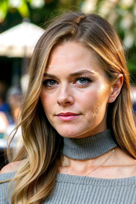 maggieLaw1 piercing eyes, looking straight, very happy,long hair, wearing an off-shoulder sweater, choker, closeup portrait, in a outdoor cafe in 2015, afternoon light