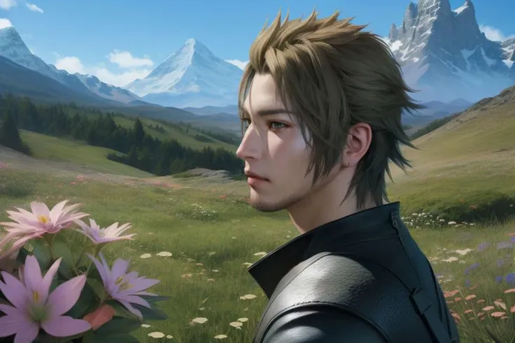 close shot of a person,  anime concept art artwork, hyperrealistic art ,,, , incredibly lifelike,  key visual, vibrant,, highly detailed, ffxv 20 years old ,  (mountain flowers:1)  <lora:ffxv-universe_epoch_4:0.5> 
 <lora:deluster2:0.7>