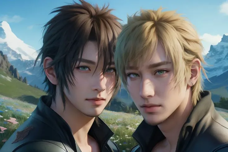 2 person close shot of a person,  anime concept art artwork, hyperrealistic art ,,, , incredibly lifelike,  key visual, vibrant,, highly detailed, ffxv 20 years old ,  (mountain flowers:1)  <lora:ffxv-universe_epoch_5:0.5> 
 <lora:deluster2:0.7>