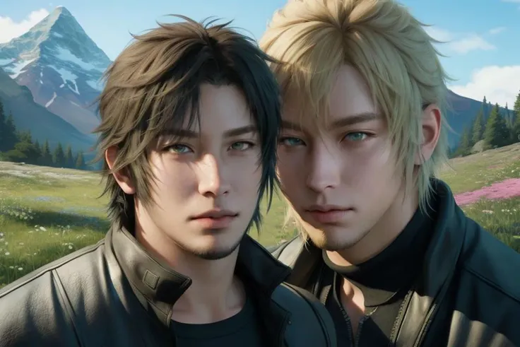 2 person close shot of a person,  anime concept art artwork, hyperrealistic art ,,, , incredibly lifelike,  key visual, vibrant,, highly detailed, ffxv 20 years old ,  (mountain flowers:1)  <lora:ffxv-universe_epoch_3:0.5> 
 <lora:deluster2:0.7>