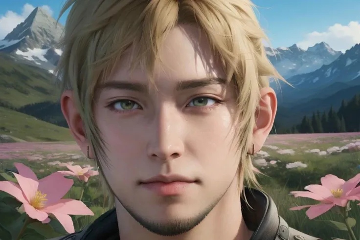 close shot of a person,  anime concept art artwork, hyperrealistic art ,,, , incredibly lifelike,  key visual, vibrant,, highly detailed, ffxv 20 years old ,  (mountain flowers:1)  <lora:ffxv-universe_epoch_5:0.5> 
 <lora:deluster2:0.7>