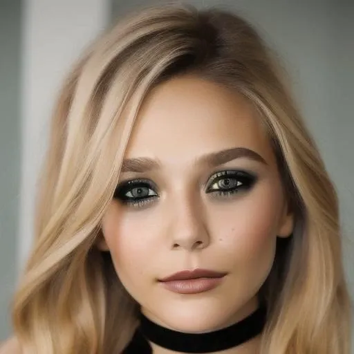 Half body Portrait ((stunning)) (eliolsen1:0.9)  <lora:eliolsen1-10:1> with wavy blonde hair wearing a black choker, ((highly detailed eyes)), ethereal, ((perfect face)), seductive, (perfect eyes), (glossy lips), model, angelic, photorealistic