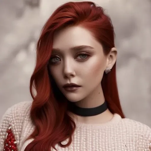 Upper half body wearing a sweater ((stunning)) (eliolsen1:1.1) ((looking to the right)) <lora:eliolsen1-10:1> wearing a black choker with (red hair:1.5) and a (red tia:1.4), ((highly detailed eyes)), ethereal, seductive, ((perfect eyes)), (glossy lips), model, angelic, photorealistic, full, 4K, trending on artstation,( masterpiece)