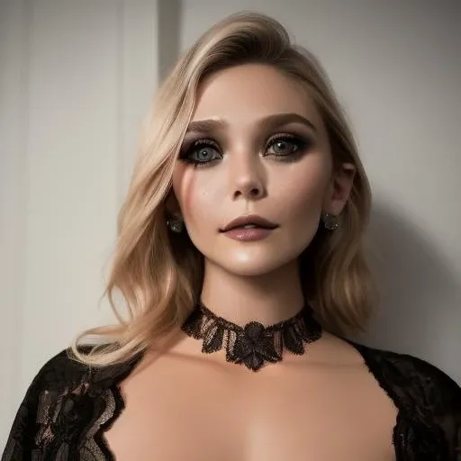Portrait with plunging neckline ((stunning)) (eliolsen1:1.1) ((looking up))  <lora:eliolsen1-10:1>  wearing a black choker, ((highly detailed eyes)), ethereal, seductive, (perfect eyes), (glossy lips), model, angelic, photorealistic, full
