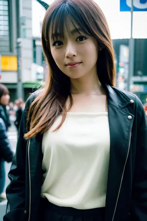 masterpiece, best quality, 8k, super detailed skin, perfect anatomy, 1girl, <lora:fukadakyouko_lora-07:0.8>, skirt and jacket, (tokyo shibuya street:1.3), (depth of field),(Lens Glow) ,Sony 7, 35mm, f1.8, physically-based rendering,