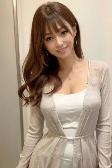 secy dress, fukada kyoko, smile, looking at viewer, <lora:fukadakyouko_lora-07:0.5>, <lora:deep_v-neck_dress:0.5>