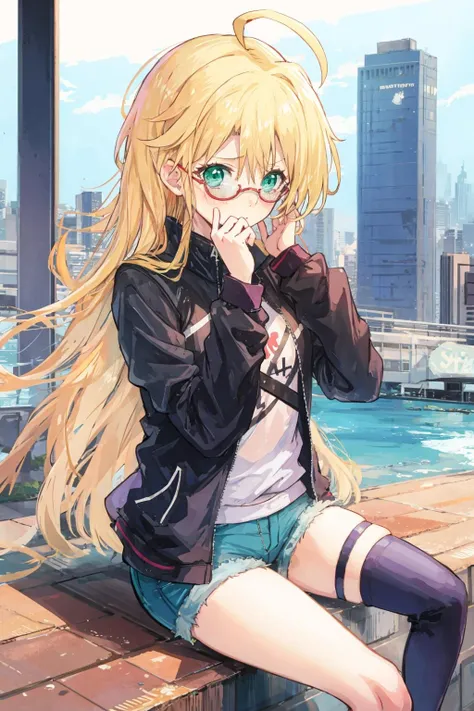 rebeccahawkins, green eyes, blonde hair, long hair, ahoge, bangs, glasses, black jacket, short shorts, embarrassed, sitting, city <lora:rebeccahawkins-000005:1>