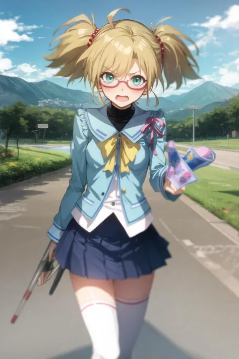rebeccahawkins, green eyes, blonde hair, short hair, ahoge, bangs, twintails, hair bobbles, glasses, school uniform, sailor collar, blue jacket, blue skirt, short skirt, zettai ryouiki, embarrassed, walking, mountain, river <lora:rebeccahawkins-000005:1>
