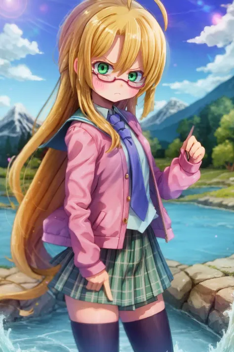 rebeccahawkins, green eyes, blonde hair, long hair, ahoge, bangs, glasses, school uniform, necktie, pink jacket, plaid skirt, skirt, short skirt, zettai ryouiki, frown, standing, mountain, river <lora:rebeccahawkins-000005:1>