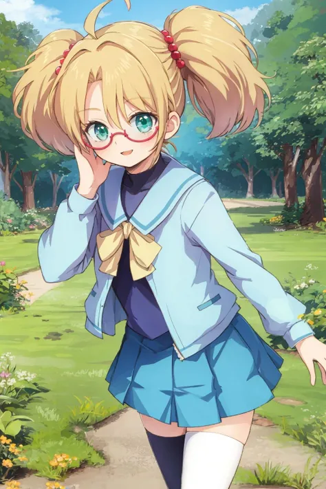 rebeccahawkins, green eyes, blonde hair, short hair, ahoge, bangs, twintails, hair bobbles, glasses, school uniform, sailor collar, blue jacket, blue skirt, short skirt, zettai ryouiki, smile, walking, forest <lora:rebeccahawkins-000005:1>