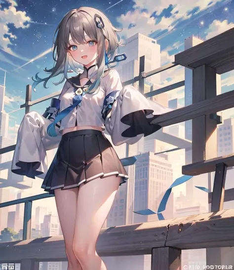 masterpiece, best quality, 1girl, solo, guizhong_genshin, school uniform, white shirt, tie, starry sky print skirt, sleeves over wrists <lora:Guizhong:1>
