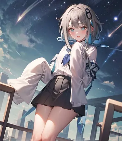 masterpiece, best quality, 1girl, solo, guizhong_genshin, school uniform, white shirt, tie, skirt, sleeves over wrists, starry sky print <lora:Guizhong:1>