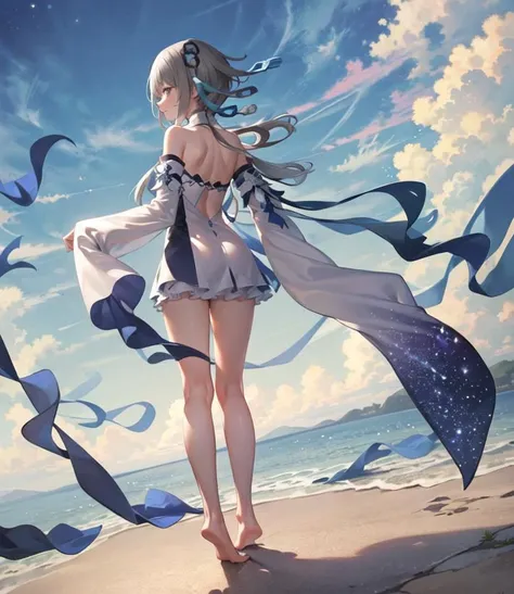 masterpiece, best quality, 1girl, solo, guizhong_genshin, default_dress, from behind, starry sky print, sleeves over wrists, barefoot <lora:Guizhong:1>