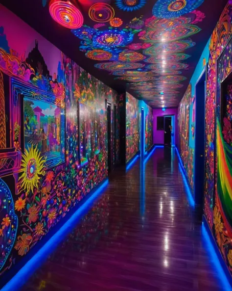 best quality , a hallway with a colorful mural on the wall , <lora:Neon_Environments:1> , neon light
