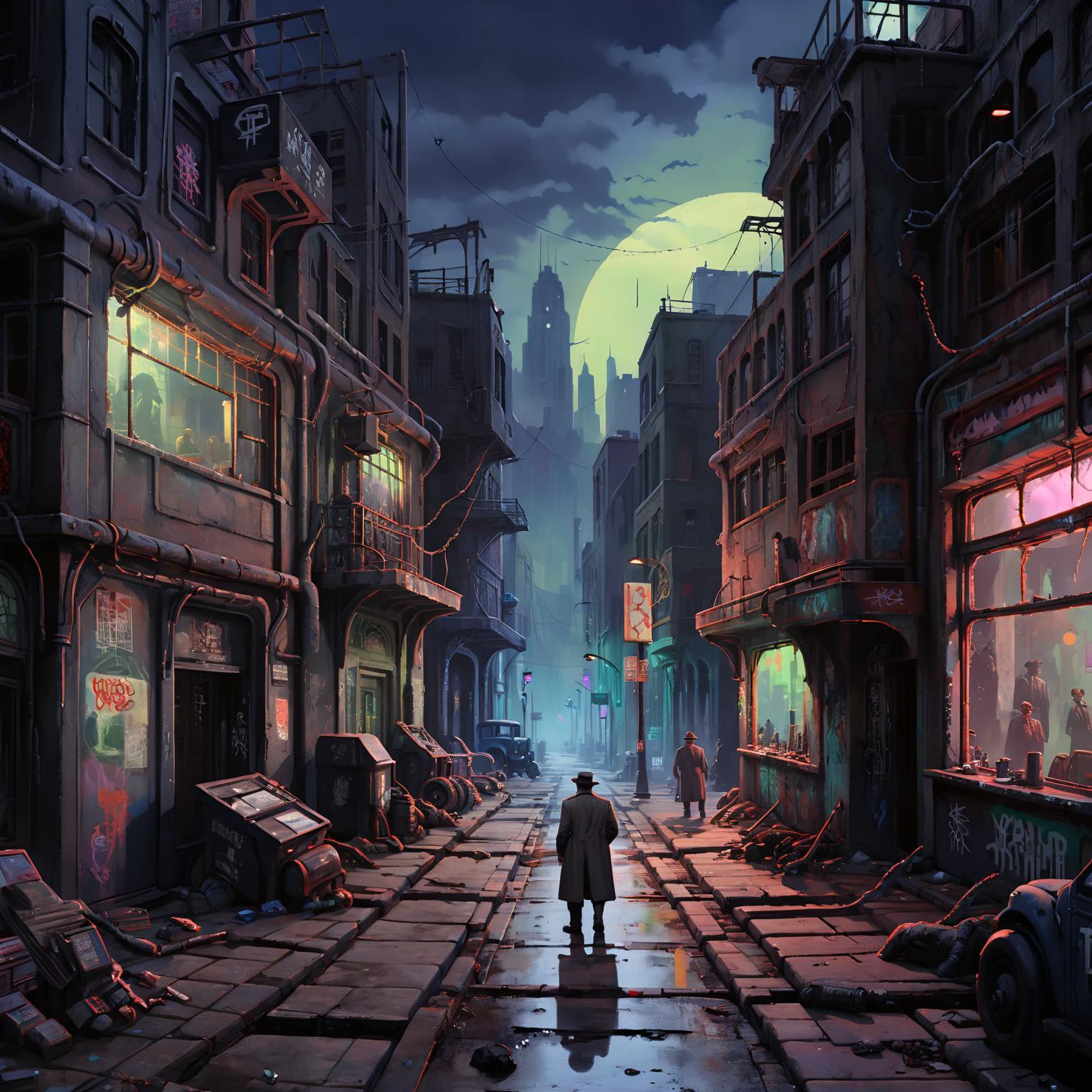 2d game scene,oil and watercolor painting,masterpiece, highly detailed, sci fi, fantasy, intricate design,(1930s detective:1.5), walking, mystery, outdoors,city, post-apocalyptic, dystopian, crumbling, rusty, overrun with jungle, buildings with vines,neon lights, graffiti, UrbanGraffiti, broken glass, eerie, liminal, realistic, mist, shadows, neon glow, nighttime, film noir, tex murphy, under a killing moon, overseer <lora:Neon_Environments:1>,<lora:Retro_Illustration:1>,<lora:UrbanGraffiti:1.5>