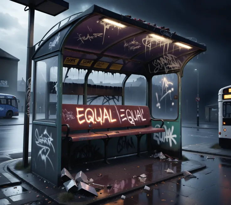 <lora:Harrlogos_v2.0:1> ('EQUAL?' text graffit:1.4), UK bus shelter,rusted, abandoned, broken, smashed glass, wrecked, trash, litter, graffiti, vandalised, graffiti on bus shelter, surreal, punk, dramatic lighting, bleak, cinematic, atmospheric, intricate detail, extreme detail, UHD, 8k, <lora:Neon_Environments:1>, <lora:add-detail-xl:1.5>, lights out, <lora:JuggerCineXL2:1>