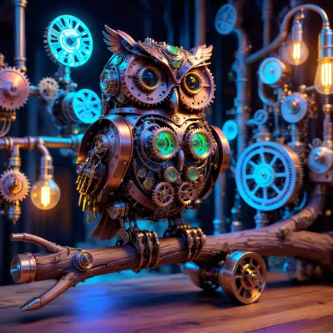 An intricate highly detailed robotic steampunk owl with a neon glow sat high on a wooden branch, a masterpiece of a scene with a cinematic atmosphere <lora:Neon_Environments:1><lora:SteampunkXL_V1:0.8>