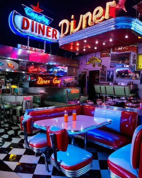 best quality , a diner with a car and neon lights , <lora:Neon_Environments:1> , neon light
