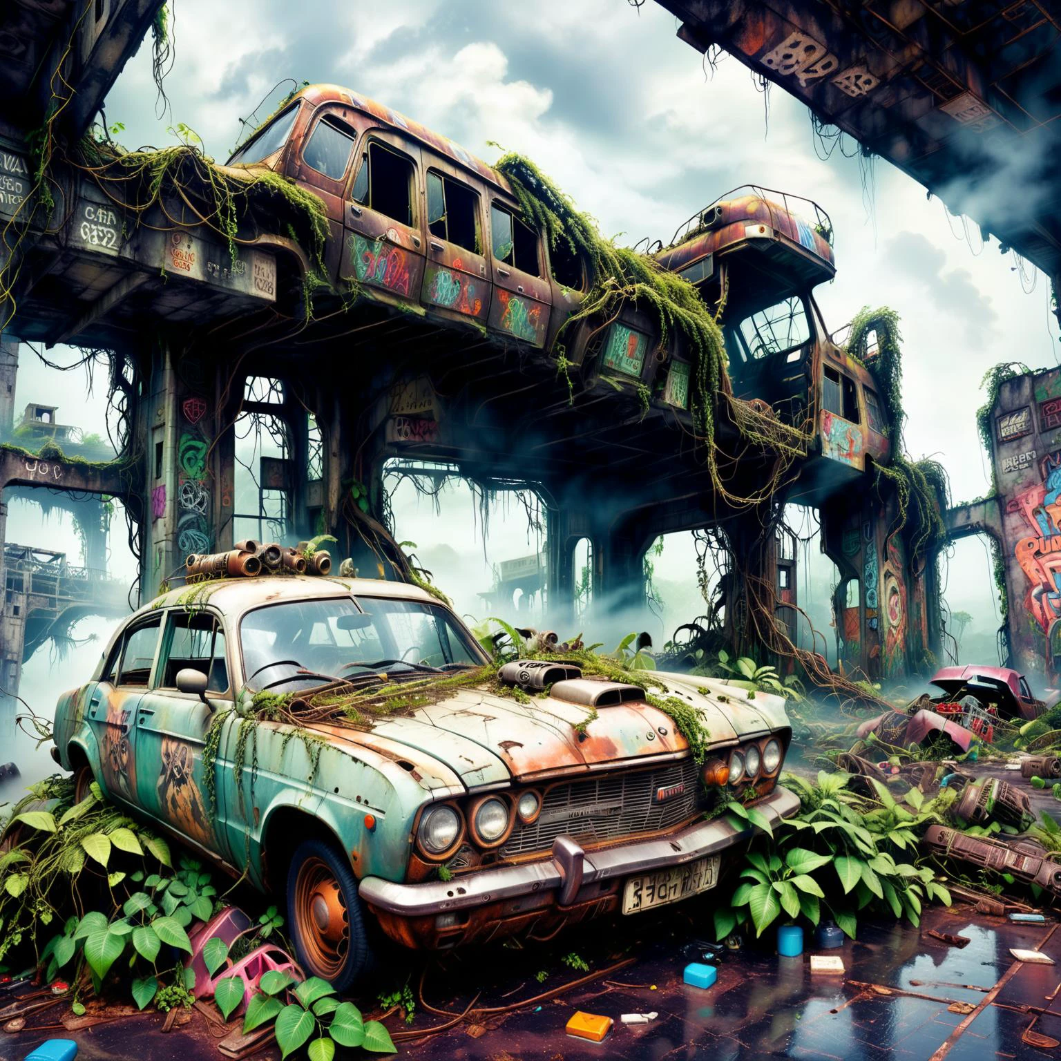 masterpiece, highly detailed, sci fi, fantasy intricate design, <lora:xl_more_art-full_v1:1>, post-apocalyptic, wasteland, city overrun with jungle, jungle animals, buildings with vines, abandoned rusted car parked, extremely detailed plants, building signs, broken neon, graffiti, broken glass, stray animals, dark sky, haze, mist, eerie, liminal, <lora:Neon_Environments:1>,<lora:add-detail-xl:1>