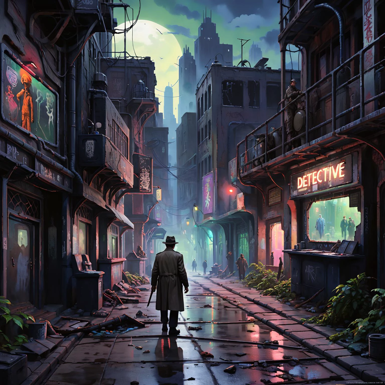 2d game scene,oil and watercolor painting,masterpiece, highly detailed, sci fi, fantasy, intricate design,(1930s detective:1.5), walking, mystery, outdoors,city, post-apocalyptic, dystopian, crumbling, rusty, overrun with jungle, buildings with vines,neon lights, graffiti, UrbanGraffiti, broken glass, eerie, liminal, realistic, mist, shadows, neon glow, nighttime, film noir, tex murphy, under a killing moon, overseer <lora:Neon_Environments:1>,<lora:Retro_Illustration:1>,<lora:UrbanGraffiti:1.5>