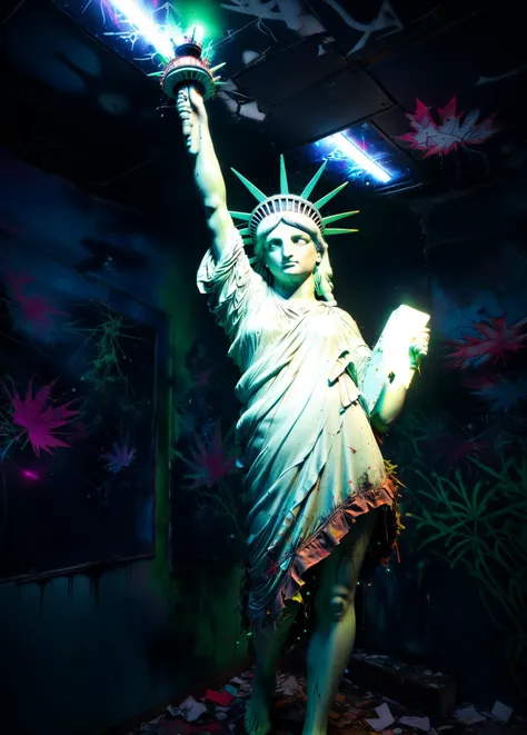 masterpiece, highly detailed, 8k, uhd, sci-fi, fantasy, intricate design, <lora:xl_more_art-full_v1:0.8>1 Statue of Liberty showing panties, skin color same green blue as statue of liberty, asymmetrical design, neon graffiti, rusted, vandalised, damaged, post-apocalyptic, dystopian, crumbling, rusty, overrun with jungle, extremely detailed plants, crumbling ceiling, leaves, broken neon, lots of graffiti, broken glass, eerie, liminal, realistic, mist, shadows, neon glow, darkness, bokeh effect background <lora:Neon_Environments:1>,<lora:add-detail-xl:0.7>,sfw