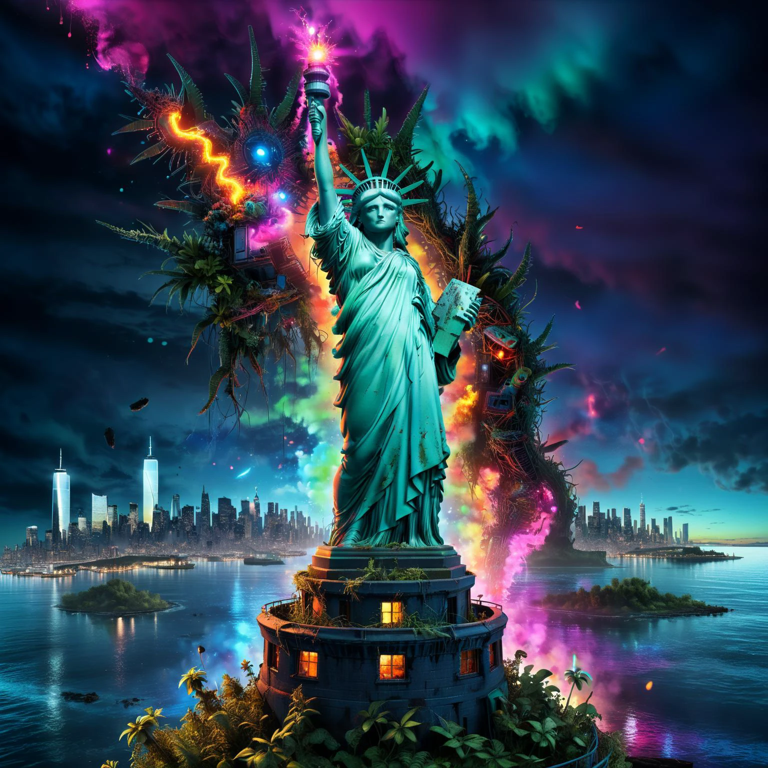 masterpiece, highly detailed, 8k, uhd, sci-fi, fantasy, intricate design, <lora:xl_more_art-full_v1:1>1 Statue of Liberty, asymmetrical design, neon graffiti, surrounded by sea, post-apocalyptic, dystopian, crumbling, rusty, overrun with jungle, extremely detailed plants, broken neon, lots of graffiti, broken glass, eerie, liminal, realistic, mist, shadows, neon glow, darkness, bokeh effect city skyline in background, <lora:Neon_Environments:1>,<lora:add-detail-xl:1>