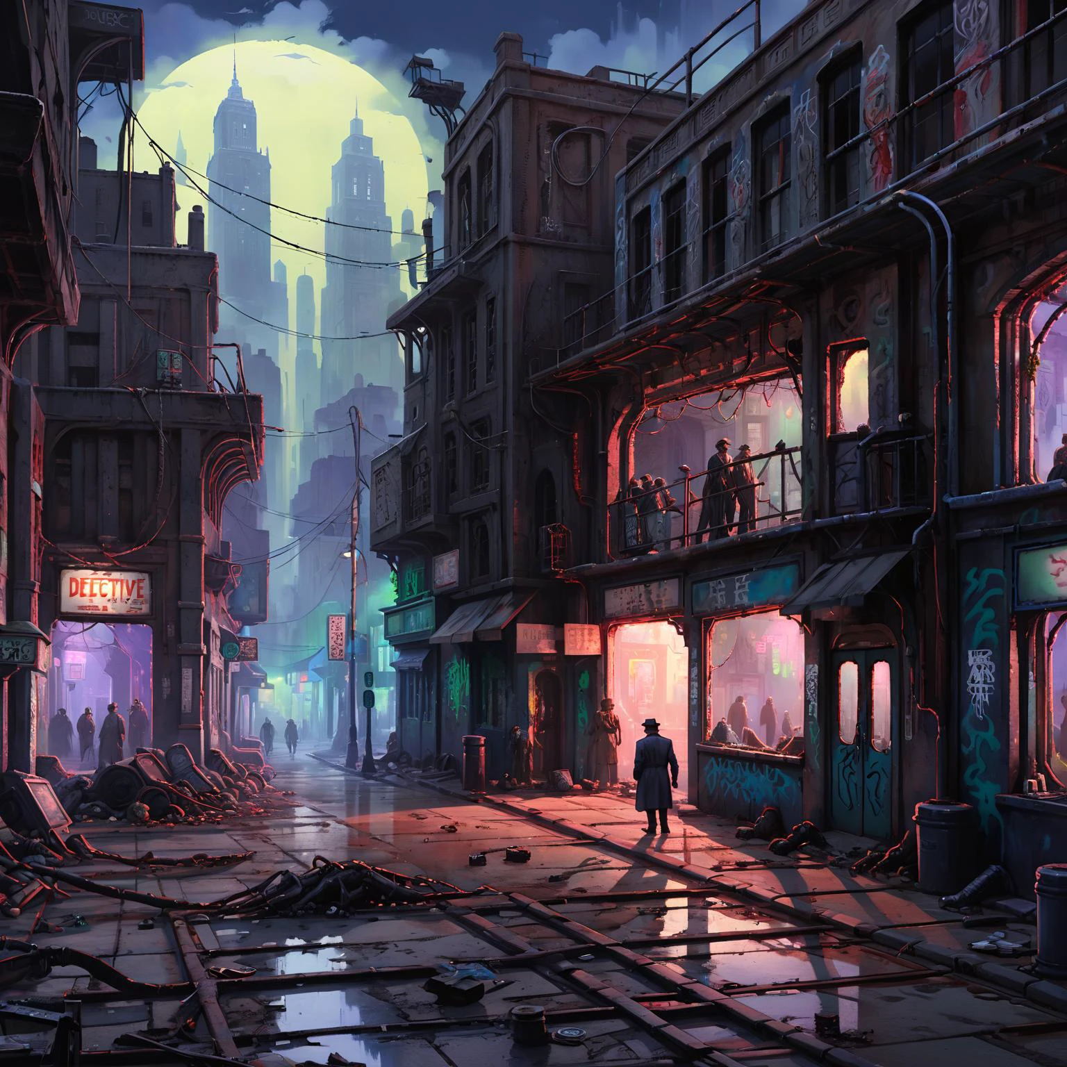 2d game scene,oil and watercolor painting,masterpiece, highly detailed, sci fi, fantasy, intricate design,(1930s detective:1.5), walking, mystery, outdoors,city, post-apocalyptic, dystopian, crumbling, rusty, overrun with jungle, buildings with vines,neon lights, graffiti, UrbanGraffiti, broken glass, eerie, liminal, realistic, mist, shadows, neon glow, nighttime, film noir, tex murphy, under a killing moon, overseer <lora:Neon_Environments:1>,<lora:Retro_Illustration:1>,<lora:UrbanGraffiti:1.5>