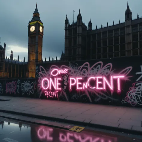 <lora:Harrlogos_v2.0:1> ('One Percent' text logo:1.4),outdoors,outside, Big Ben, graffiti on the side of the Houses of Parliament,graffiti, Banksy, neon,neon paint, neon graffiti, surreal, punk, dramatic lighting, cinematic, atmospheric, intricate detail, extreme detail, UHD, 8k, masterpiece,<lora:Neon_Environments:1>, <lora:add-detail-xl:1>, <lora:JuggerCineXL2:1>