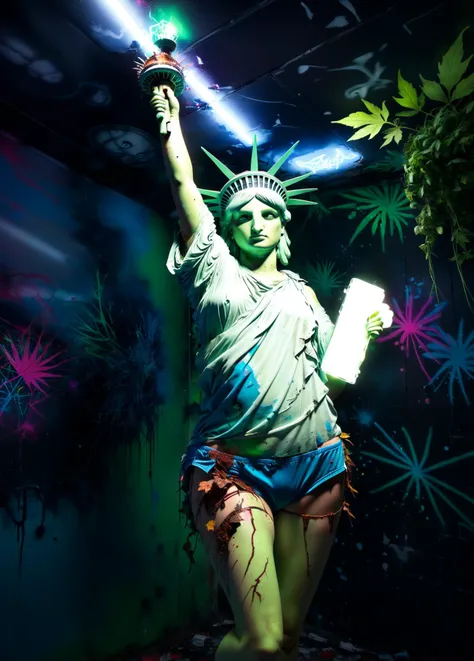 masterpiece, highly detailed, 8k, uhd, sci-fi, fantasy, intricate design, <lora:xl_more_art-full_v1:0.8>1 Statue of Liberty in underwear, skin color same green blue as statue of liberty, asymmetrical design, neon graffiti, rusted, vandalised, damaged, post-apocalyptic, dystopian, crumbling, rusty, overrun with jungle, extremely detailed plants, crumbling ceiling, leaves, broken neon, lots of graffiti, broken glass, eerie, liminal, realistic, mist, shadows, neon glow, darkness, bokeh effect background <lora:Neon_Environments:1>,<lora:add-detail-xl:0.7>,sfw