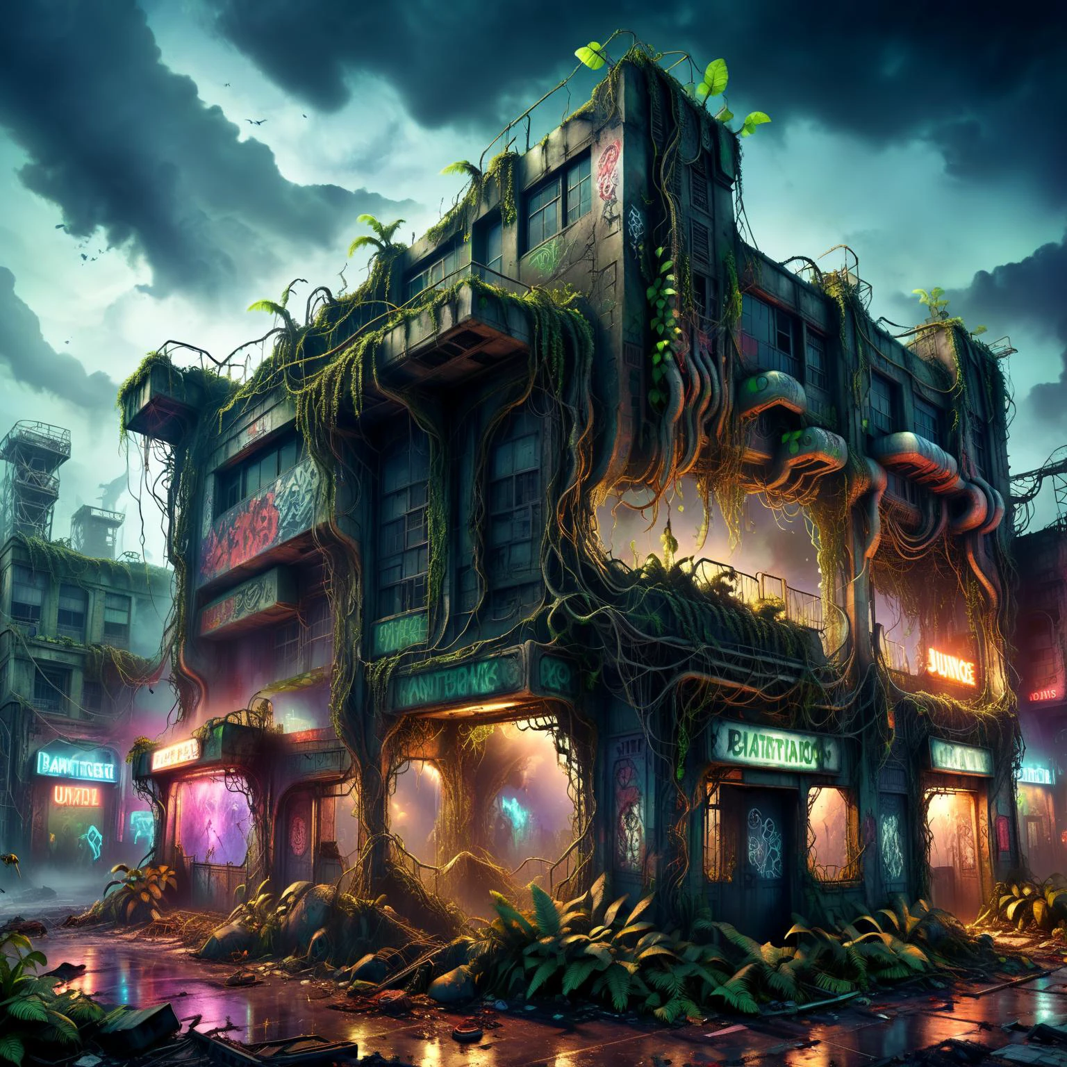 masterpiece, highly detailed, sci fi, fantasy intricate design, <lora:xl_more_art-full_v1:1>, post-apocalyptic, wasteland, city overrun with jungle, jungle animals, buildings with vines, extremely detailed plants, building signs, broken neon, graffiti, broken glass, stray animals, dark sky, haze, mist, eerie, liminal, <lora:Neon_Environments:1>,<lora:add-detail-xl:1>