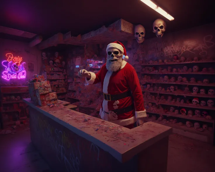 epoxy_skull,<lora:epoxy_skull-sdxl:1>, santa claus stood at toy shop counter ready to pay, dirty ripped santa suit, matted beard, ripped empty santa sack, dramatic lighting, neon graffiti, cinematic, atmospheric, intricate detail, extreme detail, UHD, 8k, <lora:add-detail-xl:1.5>,<lora:JuggerCineXL2:1>,<lora:Neon_Environments:1>